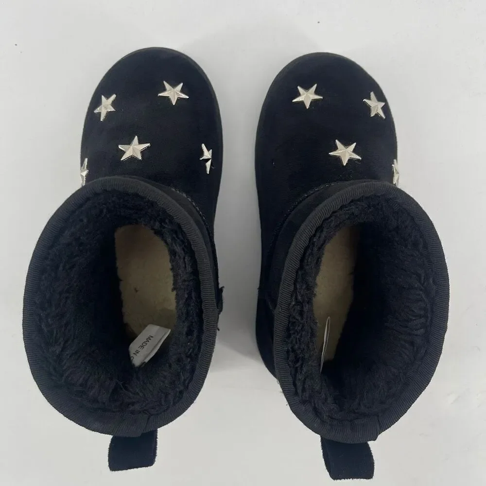 Chulis Girls Black Star Studded Faux Fur Ankle Boots Size 13
